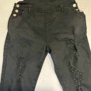 Black Distressed Women Jeans Overalls